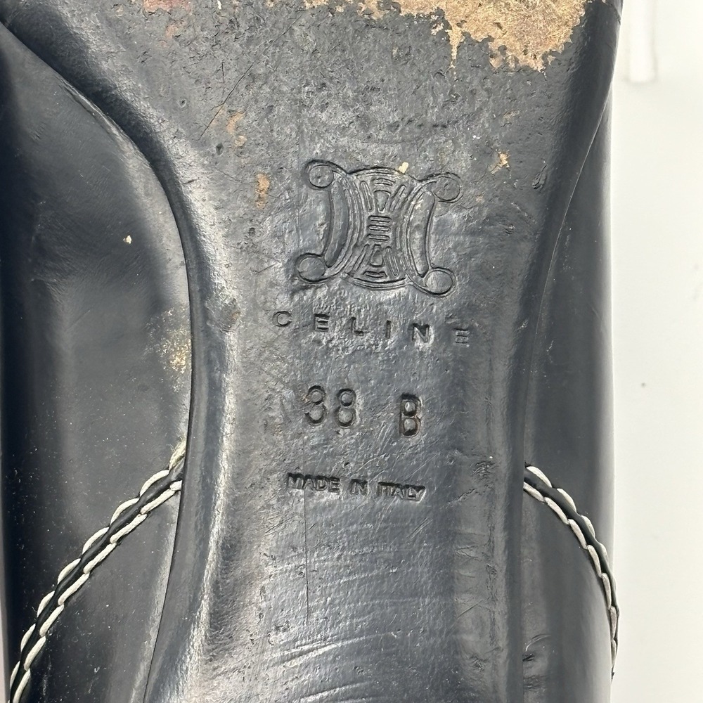 Vintage CELINE Paris Black Leather Kiltie Loafers White Stitch 38 B Made‎ Italy - Picture 10 of 11